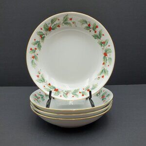 China Pearl Noel Soup Bowls Green Holly Red Berries Holiday Cereal Bowls